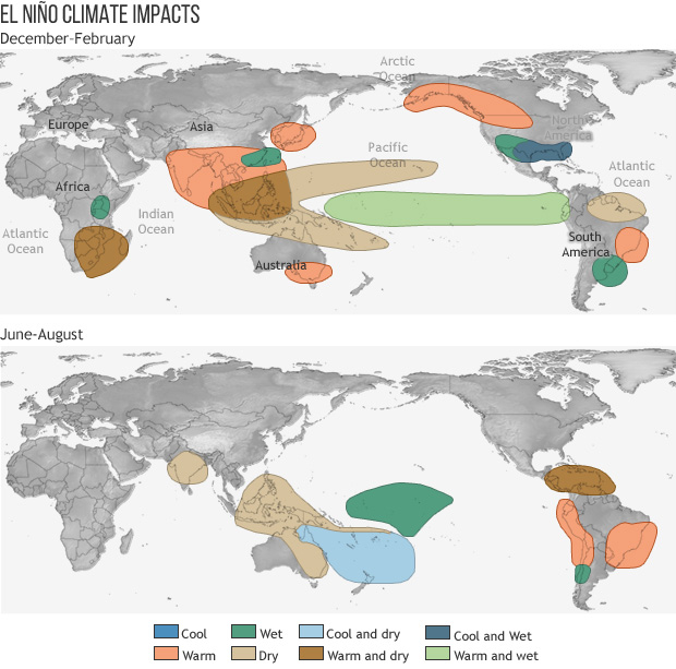 El Niño 2026: Was jetzt für den Katastrophenschutz zählt 1 NOAA-Weltkarten mit typischen regionalen El-Niño-Auswirkungen für Dezember bis Februar und Juni bis August.