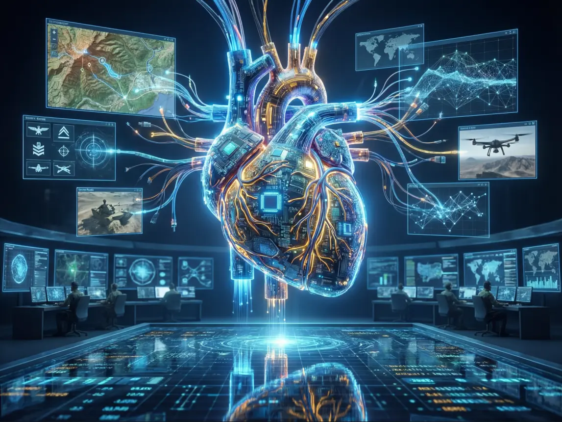 Graphic: glowing heart made of circuit traces in an operations center with map and drone screens