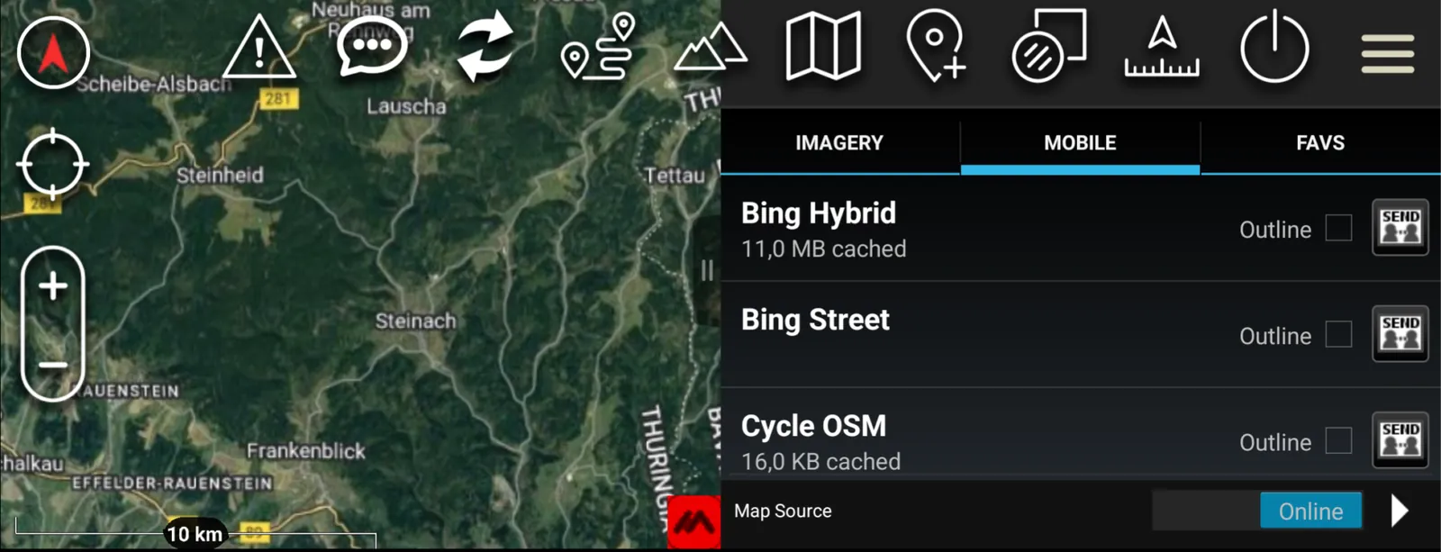 Вибір карти в ATAK на вкладці «Mobile» з Bing Hybrid, Bing Street і Cycle OSM