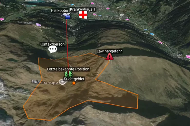 ATAK-Karte in 3D: orange eingezeichnetes Suchgebiet im Gebirge mit letzter bekannter Position, Kontaktperson, Lawinengefahr, Hubschrauber und Krankenhaus.